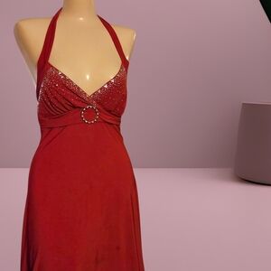 Elegant Red Backless  Halter Top Dress